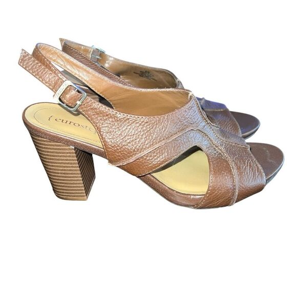 Eurostep Hunter 9.5 Women's Slingback Brown Leather Chunk Heel Open Toe Sandals - Picture 1 of 4